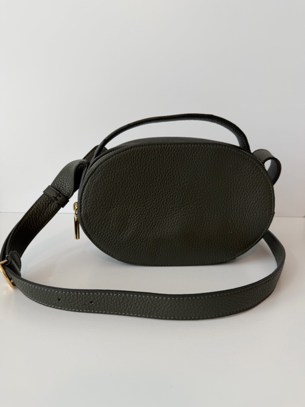 Cuyana Top Handle Leather Oval Crossbody Bag in Dark Olive - Picture 2 of 12